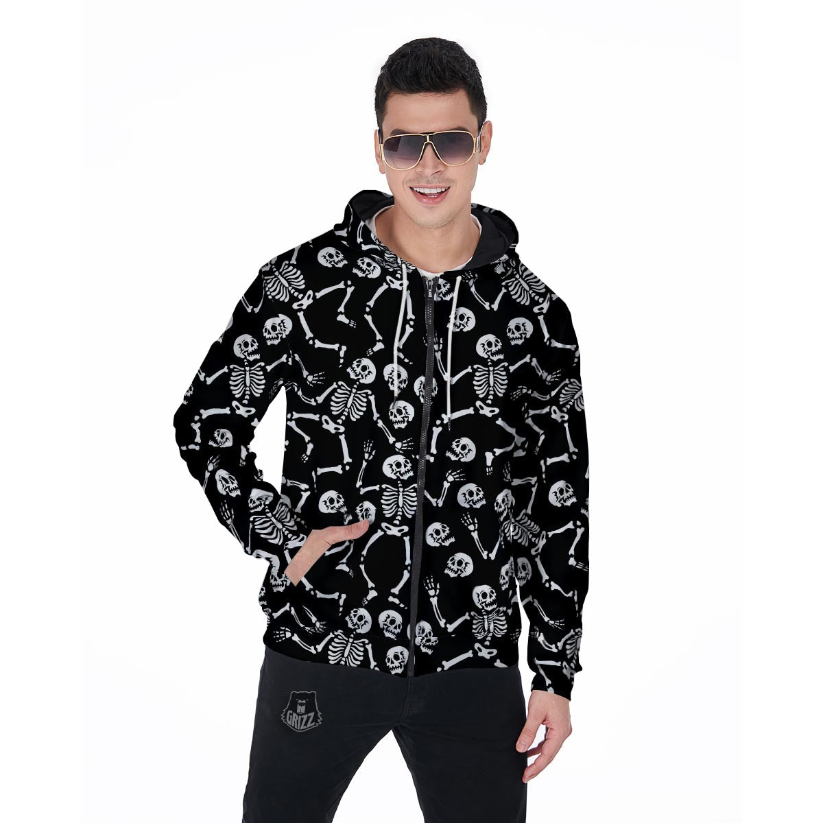 Skeleton Dancing Halloween Men's Zip Up Hoodie-grizzshop