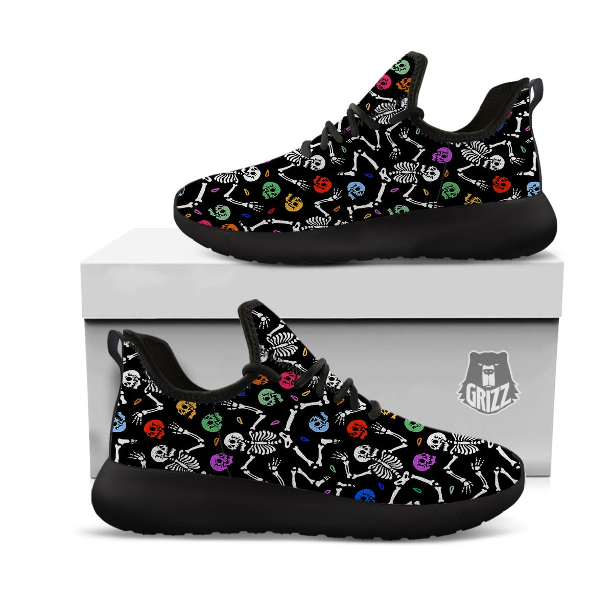 Skeleton Dancing Trippy Print Pattern Black Athletic Shoes-grizzshop