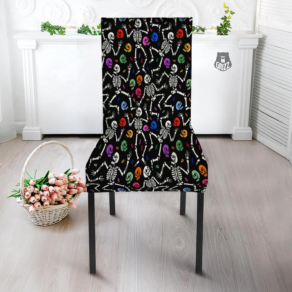 Skeleton Dancing Trippy Print Pattern Dining Chair Slipcover-grizzshop