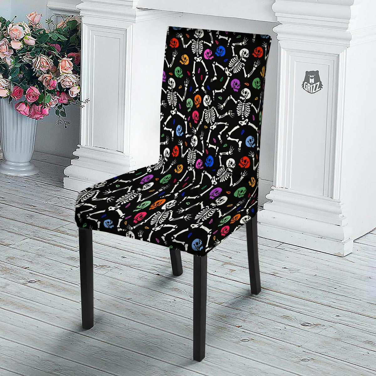 Skeleton Dancing Trippy Print Pattern Dining Chair Slipcover-grizzshop