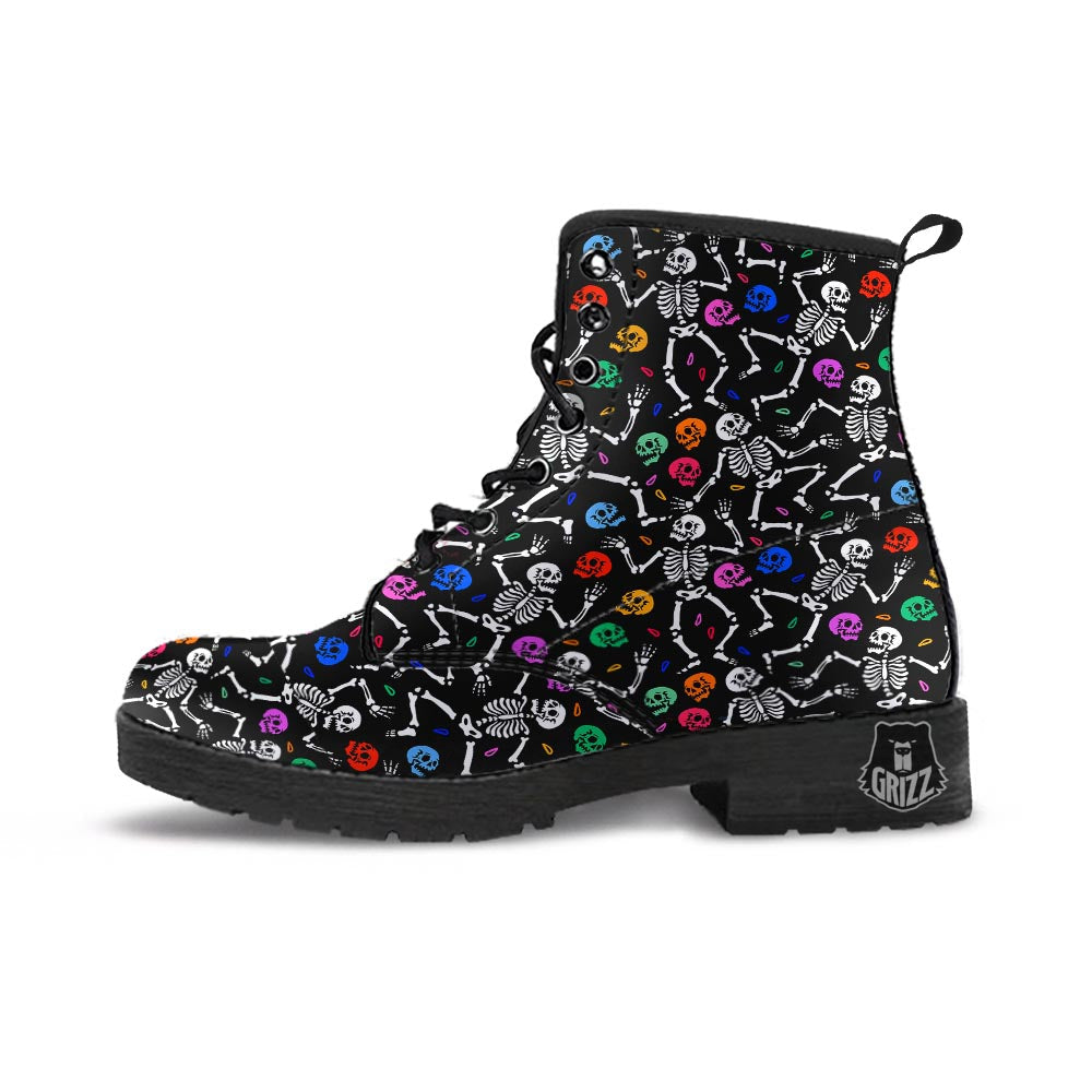 Skeleton Dancing Trippy Print Pattern Leather Boots-grizzshop