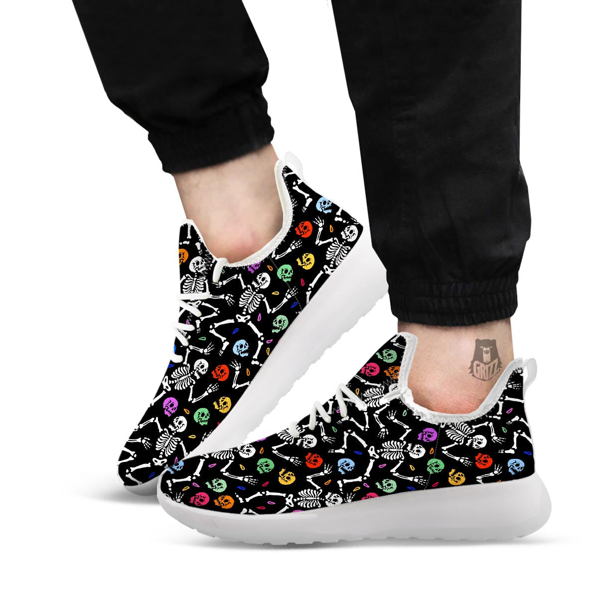 Skeleton Dancing Trippy Print Pattern White Athletic Shoes-grizzshop