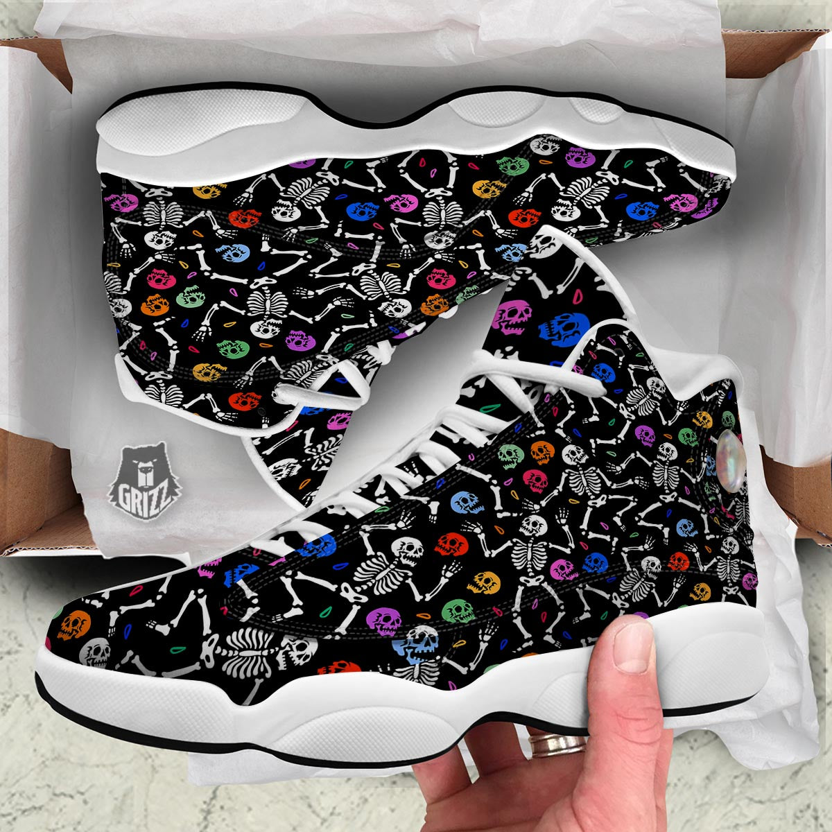 Skeleton Dancing Trippy Print Pattern White Basketball Shoes-grizzshop