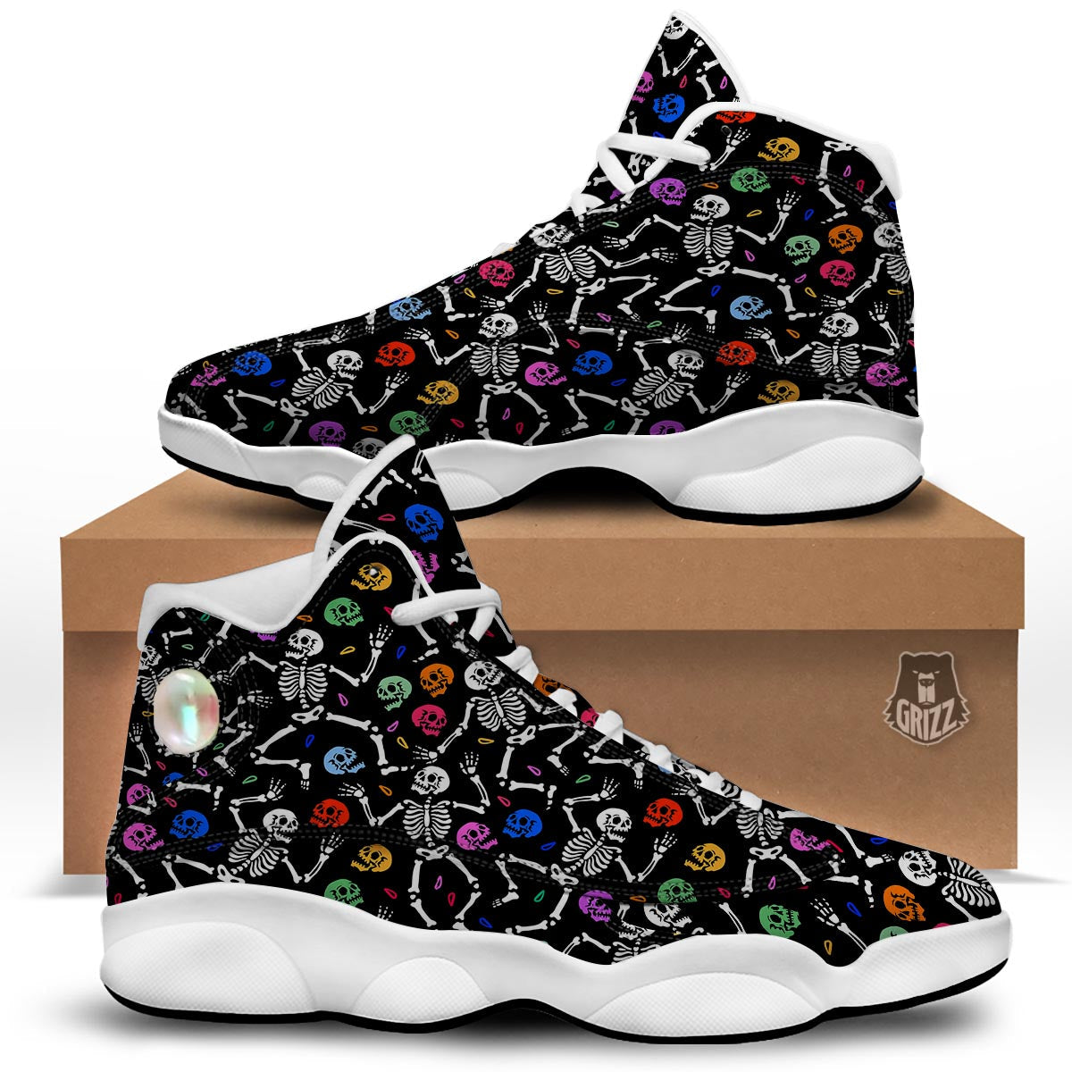 Skeleton Dancing Trippy Print Pattern White Basketball Shoes-grizzshop