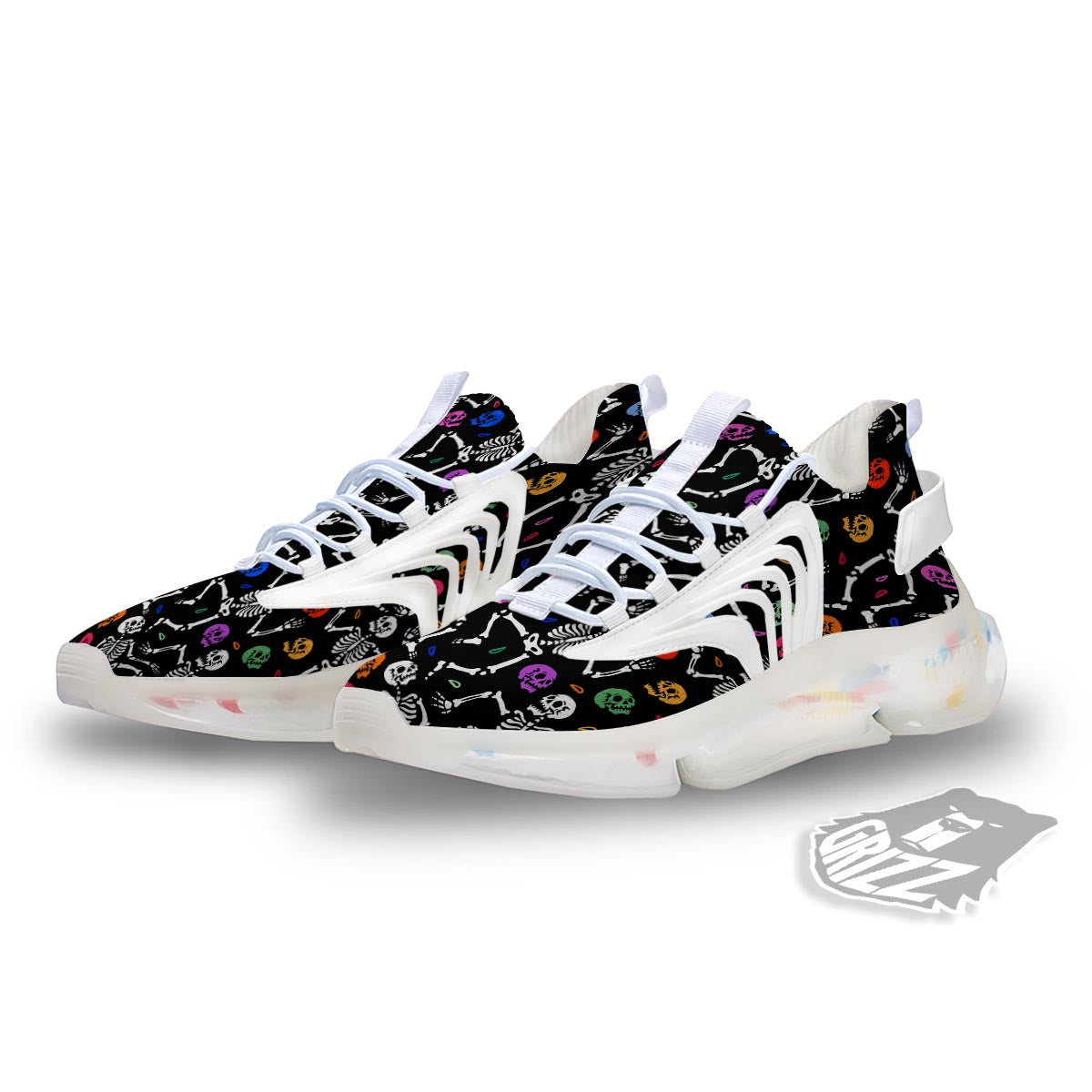 Skeleton Dancing Trippy Print Pattern White Gym Shoes-grizzshop