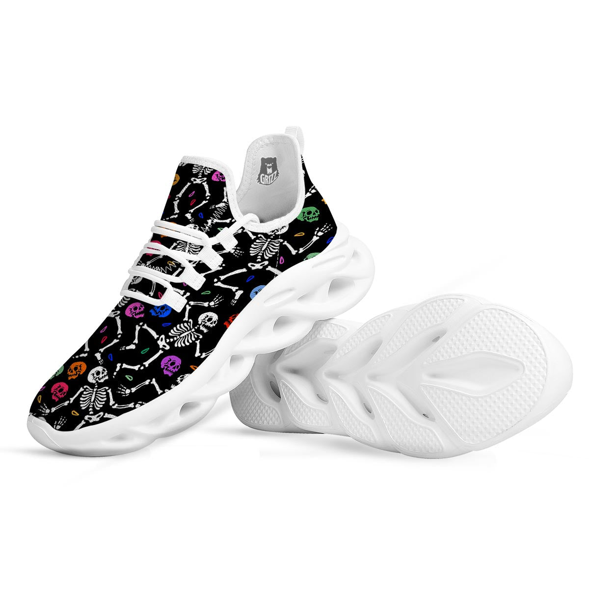Skeleton Dancing Trippy Print Pattern White Running Shoes-grizzshop