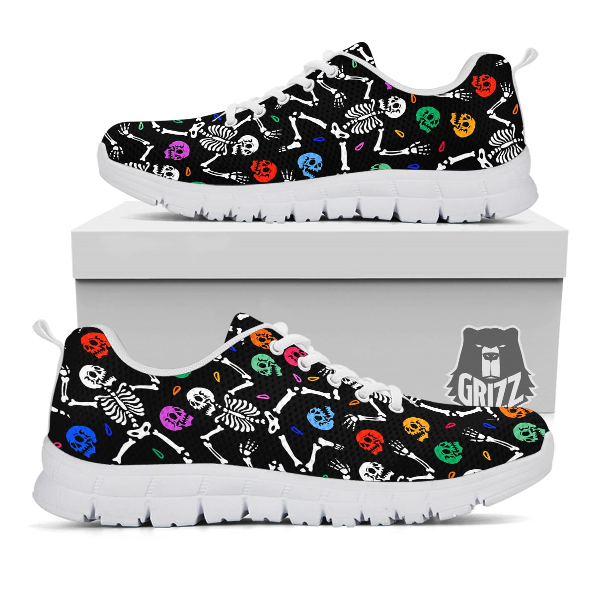 Skeleton Dancing Trippy Print Pattern White Sneaker-grizzshop
