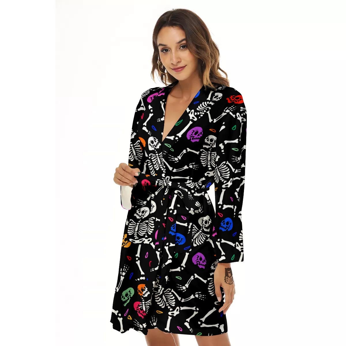 Skeleton Dancing Trippy Print Pattern Women's Robe-grizzshop