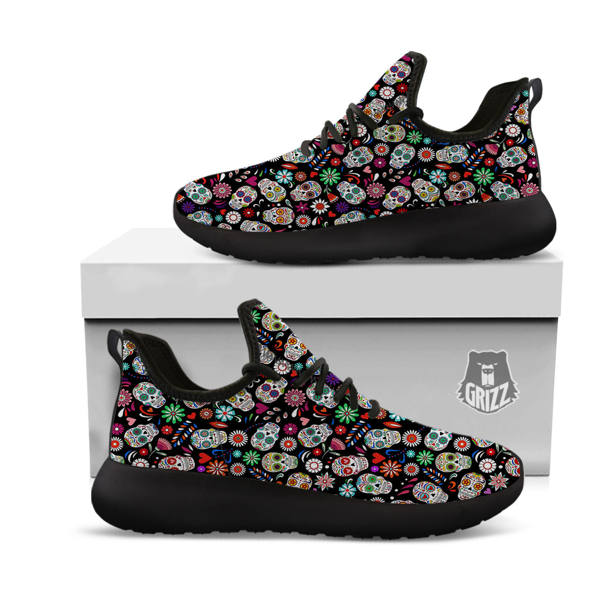 Skeleton Day Of The Dead Print Pattern Black Athletic Shoes-grizzshop