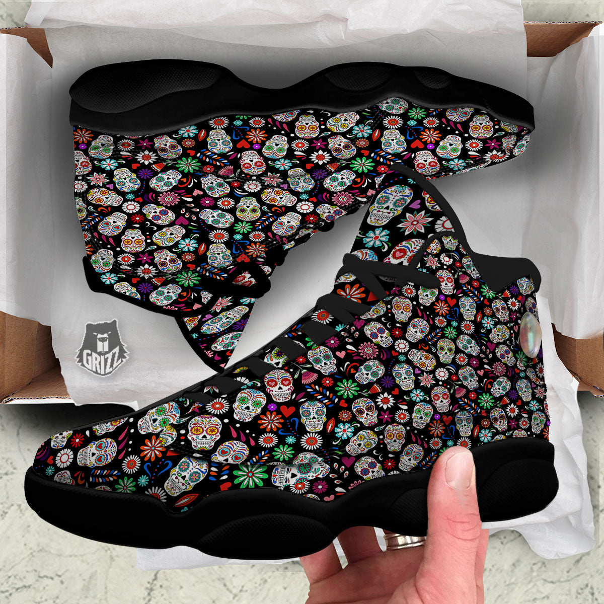 Skeleton Day Of The Dead Print Pattern Black Basketball Shoes-grizzshop