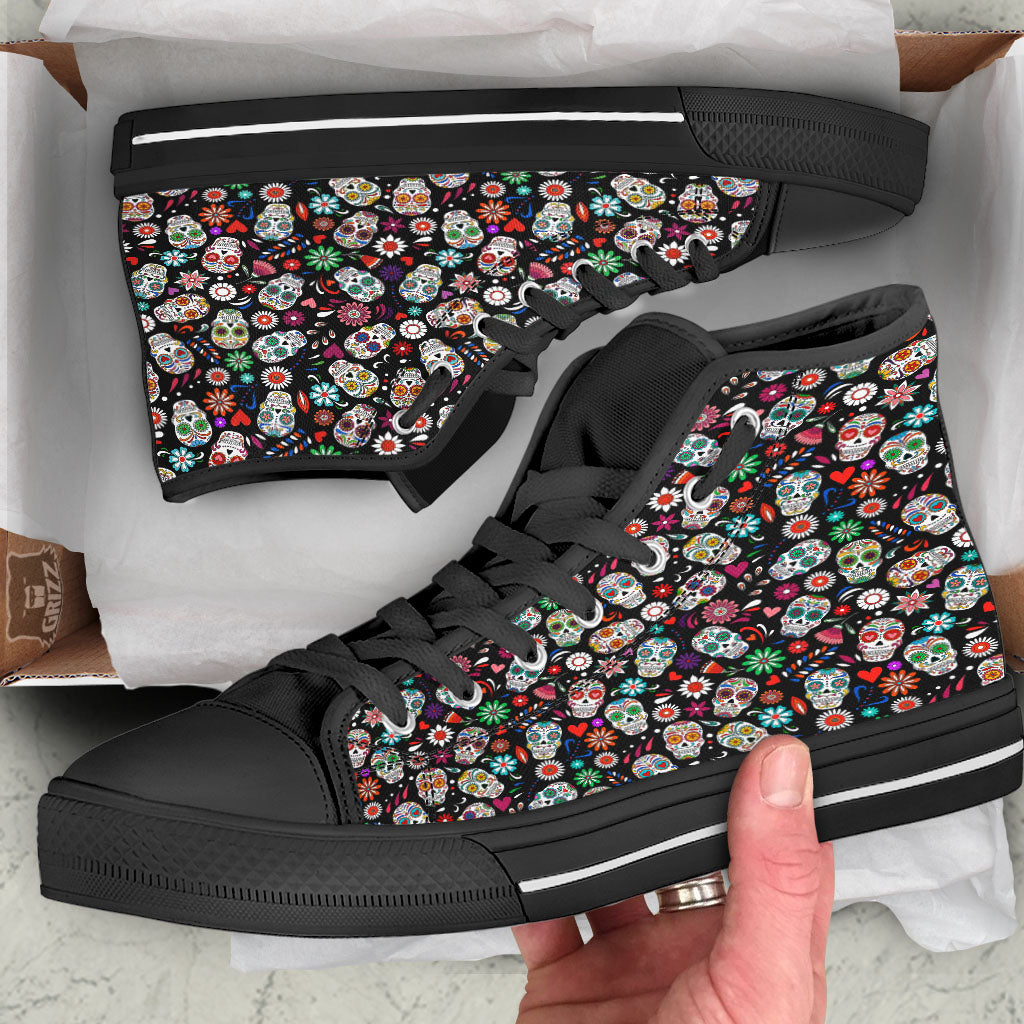 Skeleton Day Of The Dead Print Pattern Black High Top Shoes-grizzshop