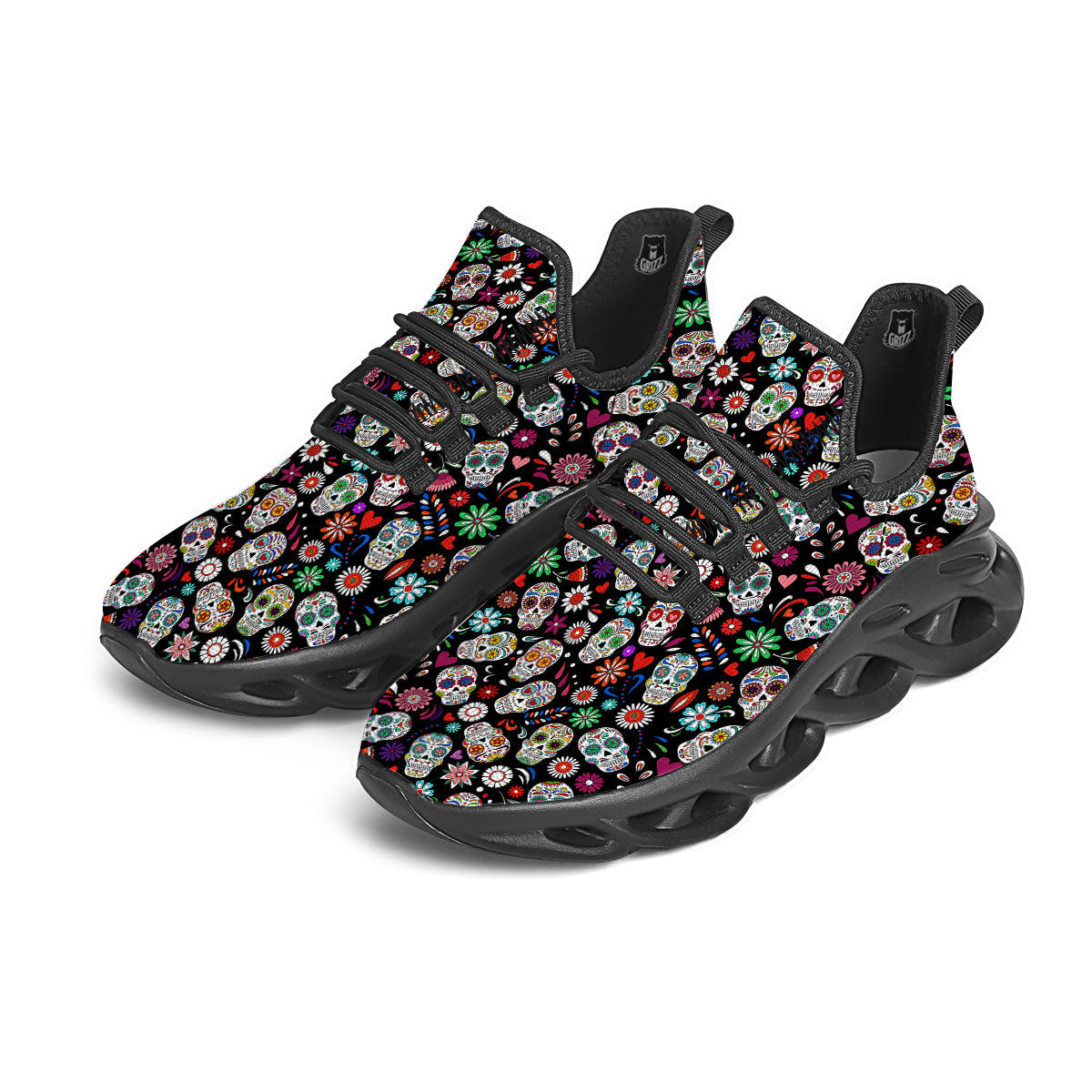 Skeleton Day Of The Dead Print Pattern Black Running Shoes-grizzshop