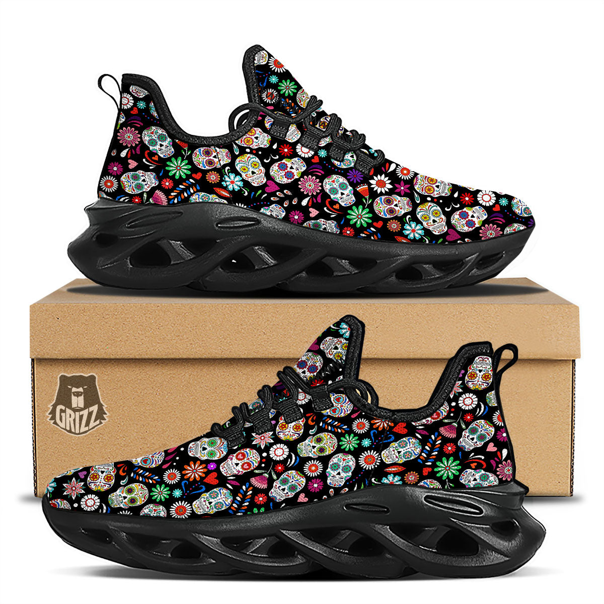 Skeleton Day Of The Dead Print Pattern Black Running Shoes-grizzshop