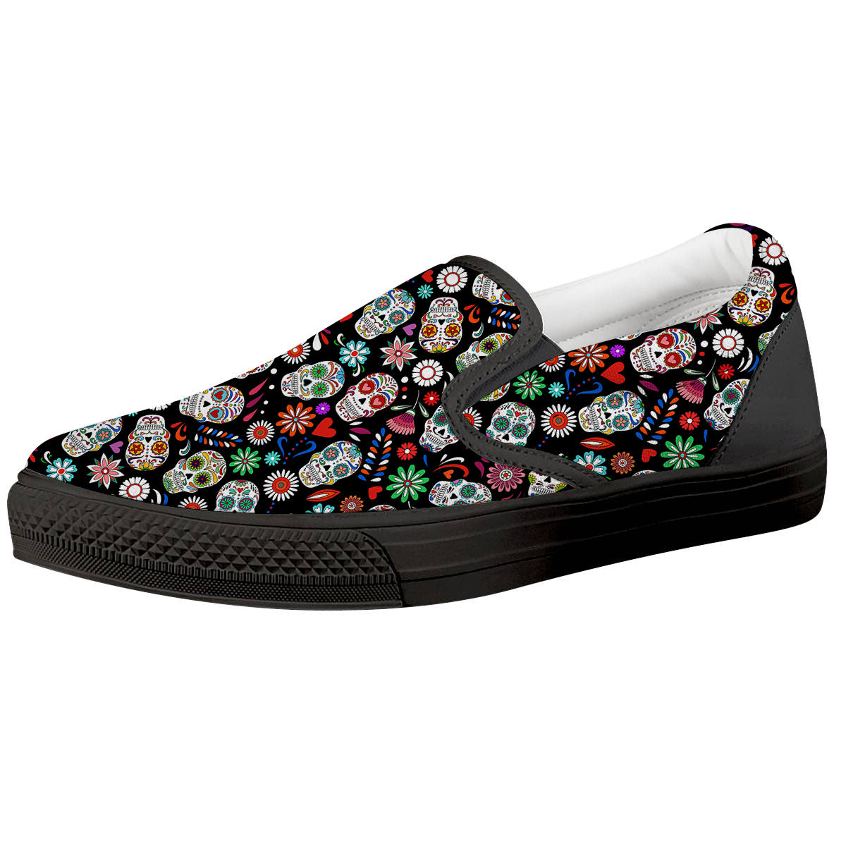 Skeleton Day Of The Dead Print Pattern Black Slip On Shoes-grizzshop