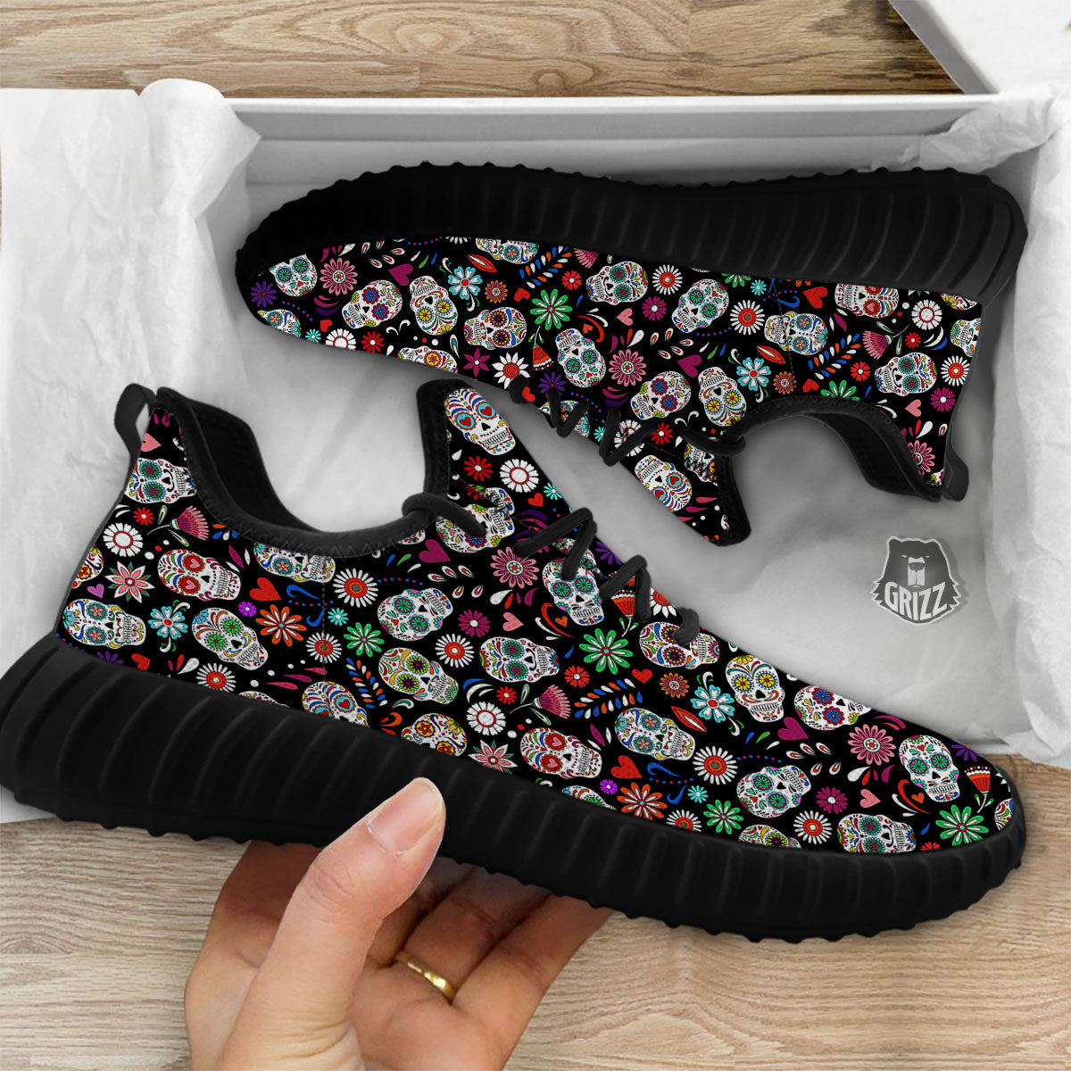 Skeleton Day Of The Dead Print Pattern Black Walking Shoes-grizzshop