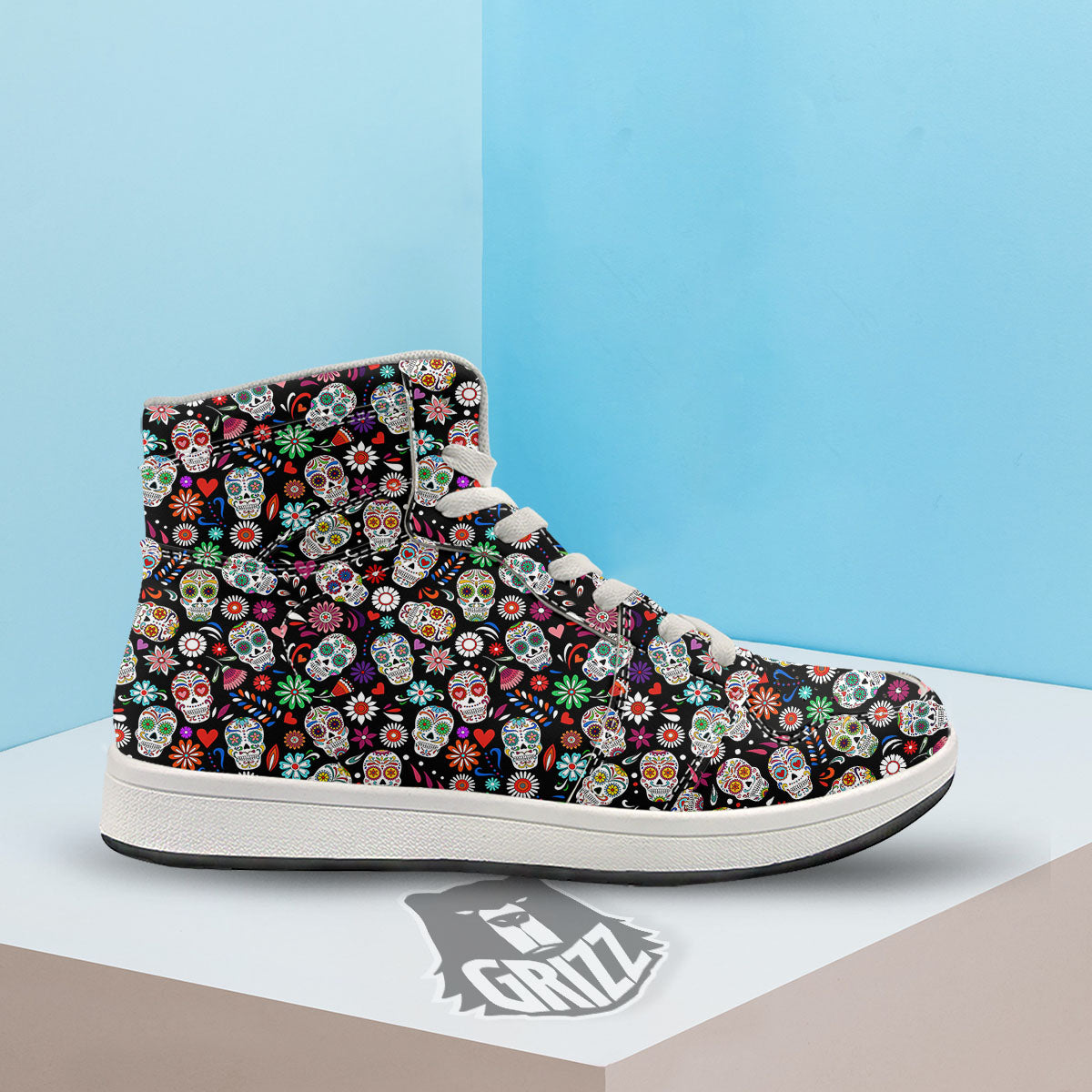 Skeleton Day Of The Dead Print Pattern High Top Sneakers-grizzshop