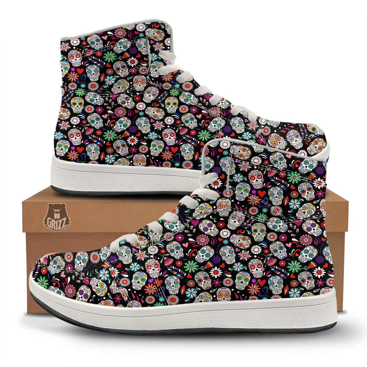 Skeleton Day Of The Dead Print Pattern High Top Sneakers-grizzshop