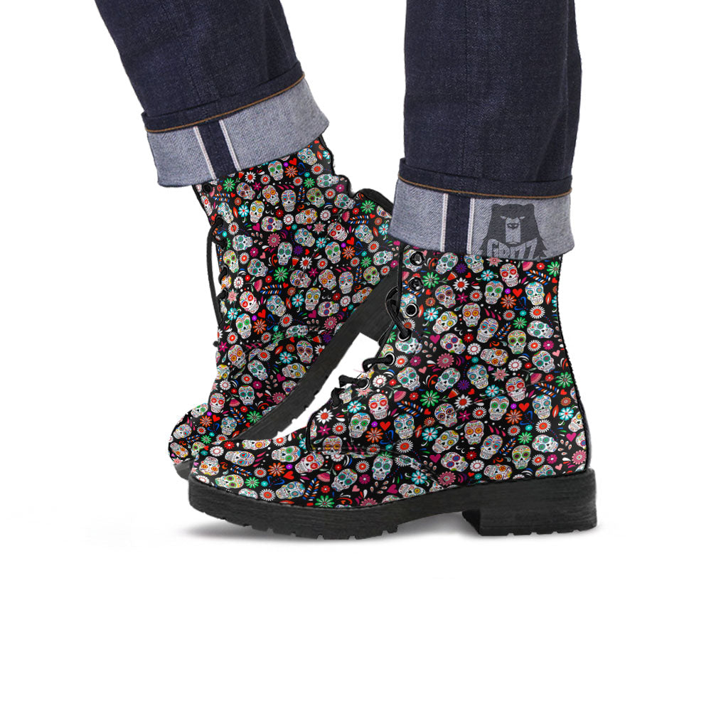 Skeleton Day Of The Dead Print Pattern Leather Boots-grizzshop