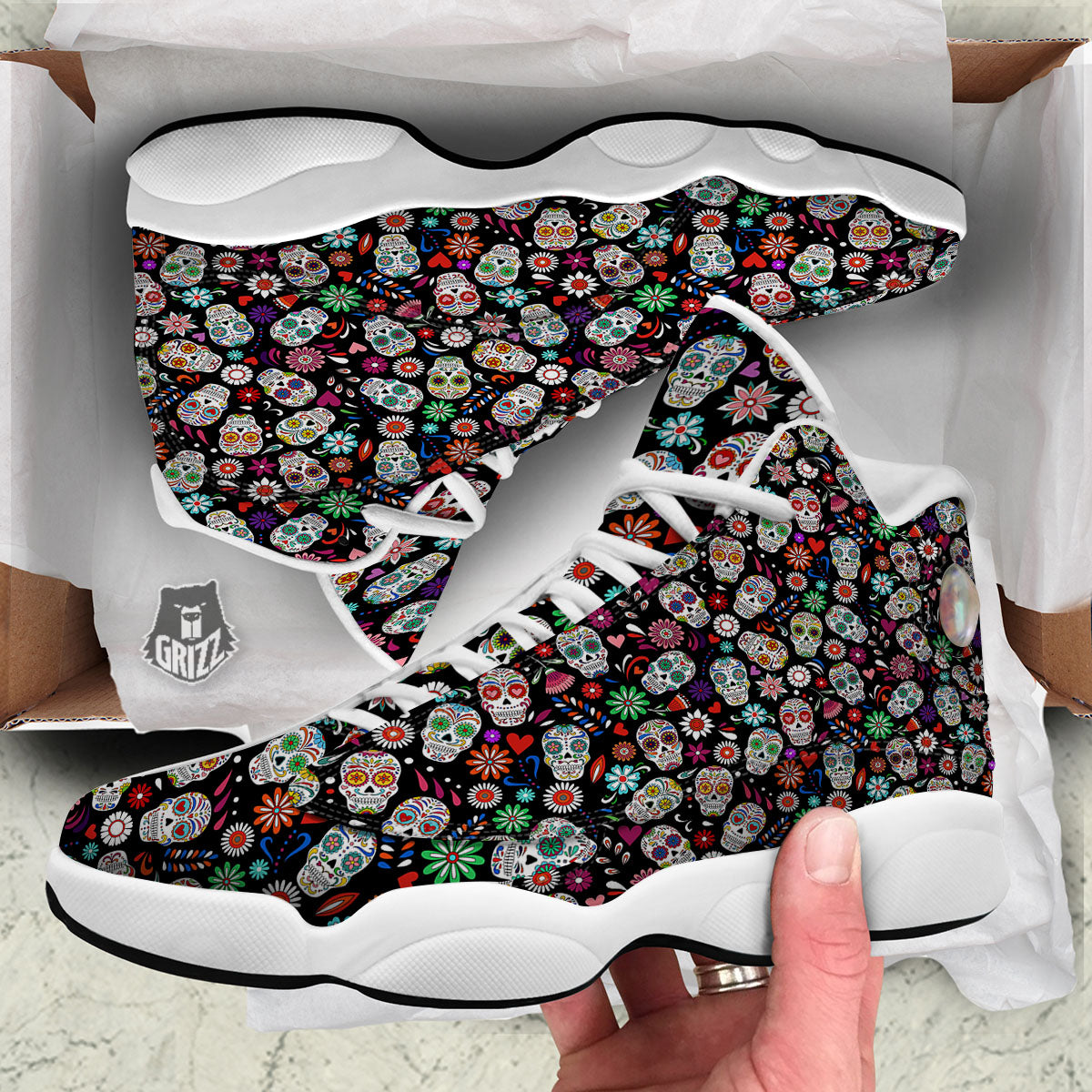 Skeleton Day Of The Dead Print Pattern White Basketball Shoes-grizzshop
