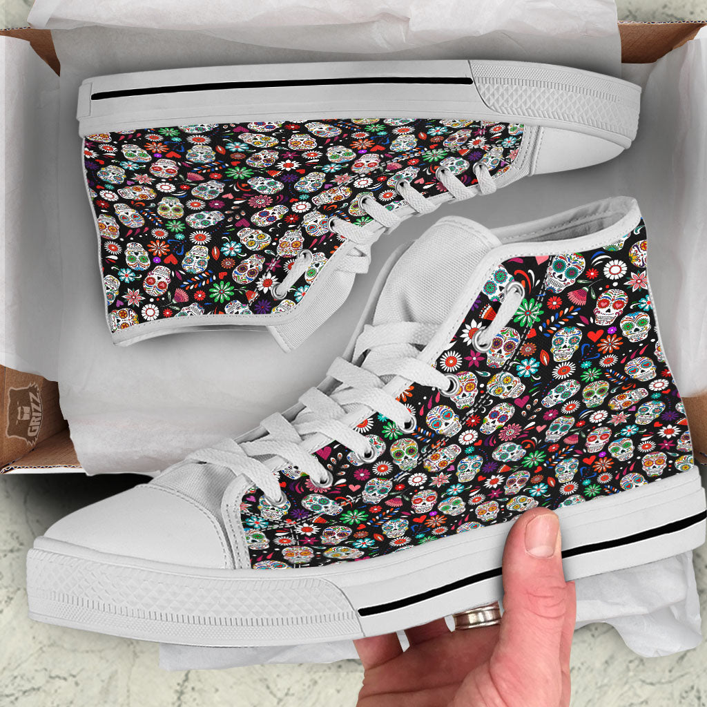 Skeleton Day Of The Dead Print Pattern White High Top Shoes-grizzshop