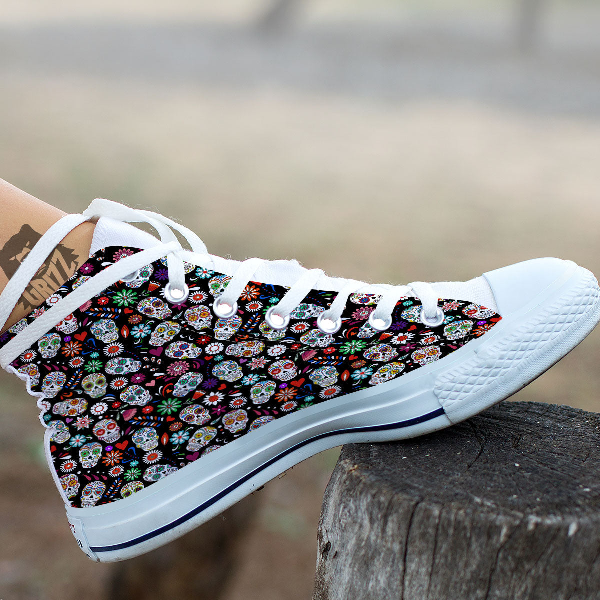Skeleton Day Of The Dead Print Pattern White High Top Shoes-grizzshop