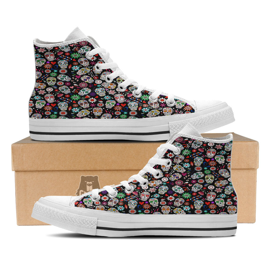 Skeleton Day Of The Dead Print Pattern White High Top Shoes-grizzshop