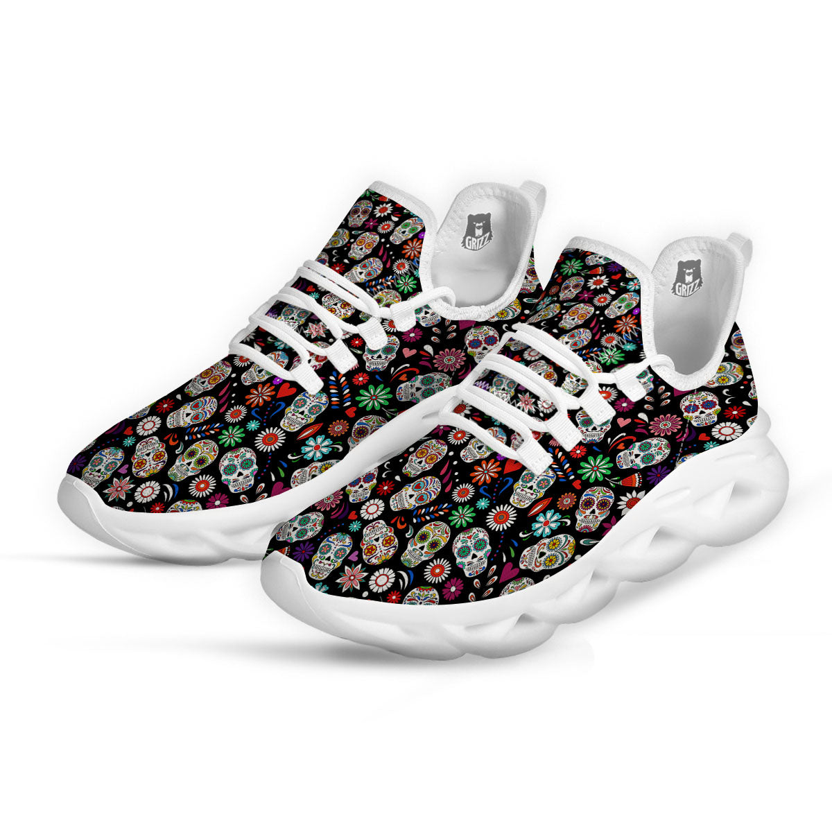 Skeleton Day Of The Dead Print Pattern White Running Shoes-grizzshop