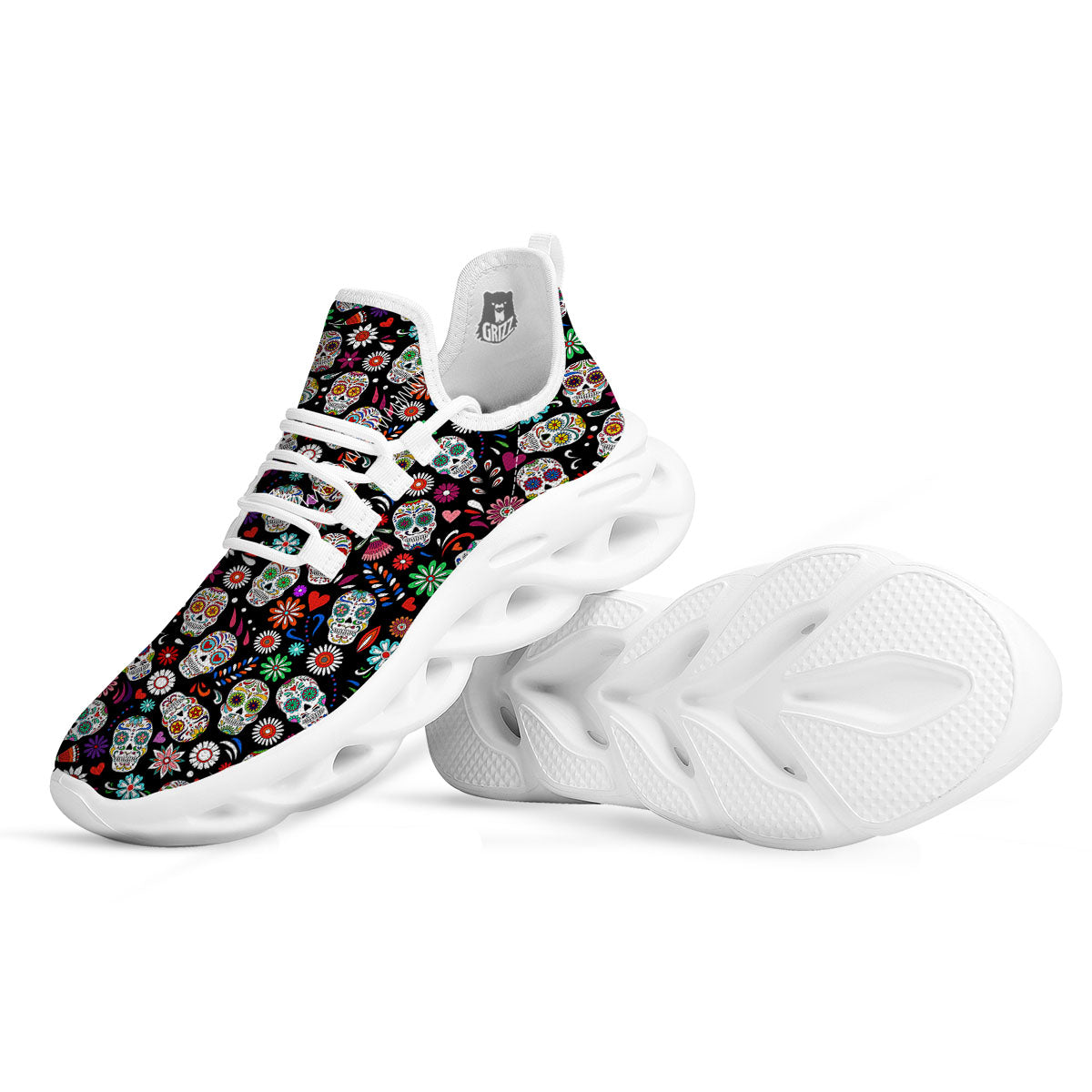 Skeleton Day Of The Dead Print Pattern White Running Shoes-grizzshop