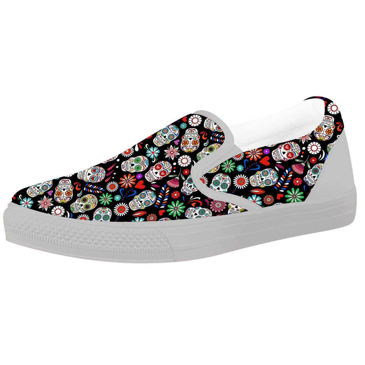 Skeleton Day Of The Dead Print Pattern White Slip On Shoes-grizzshop