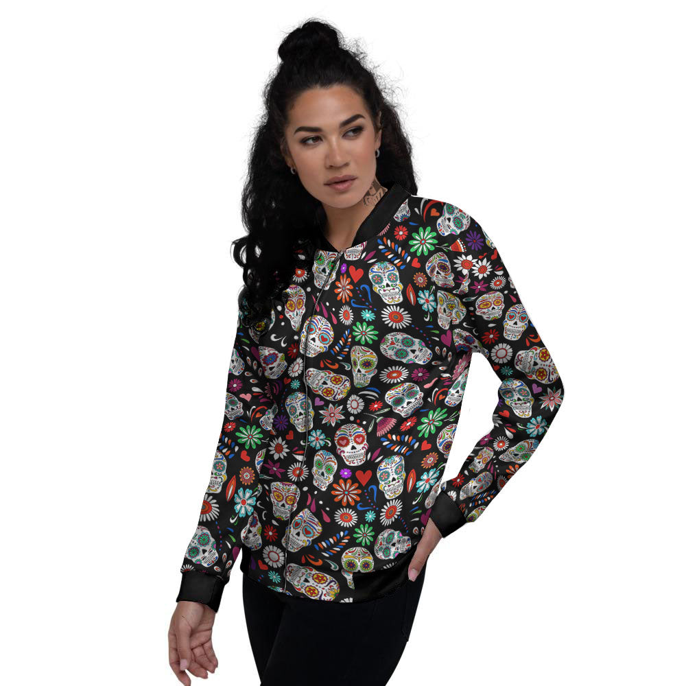 Skeleton Day Of The Dead Print Pattern Women's Bomber Jacket-grizzshop