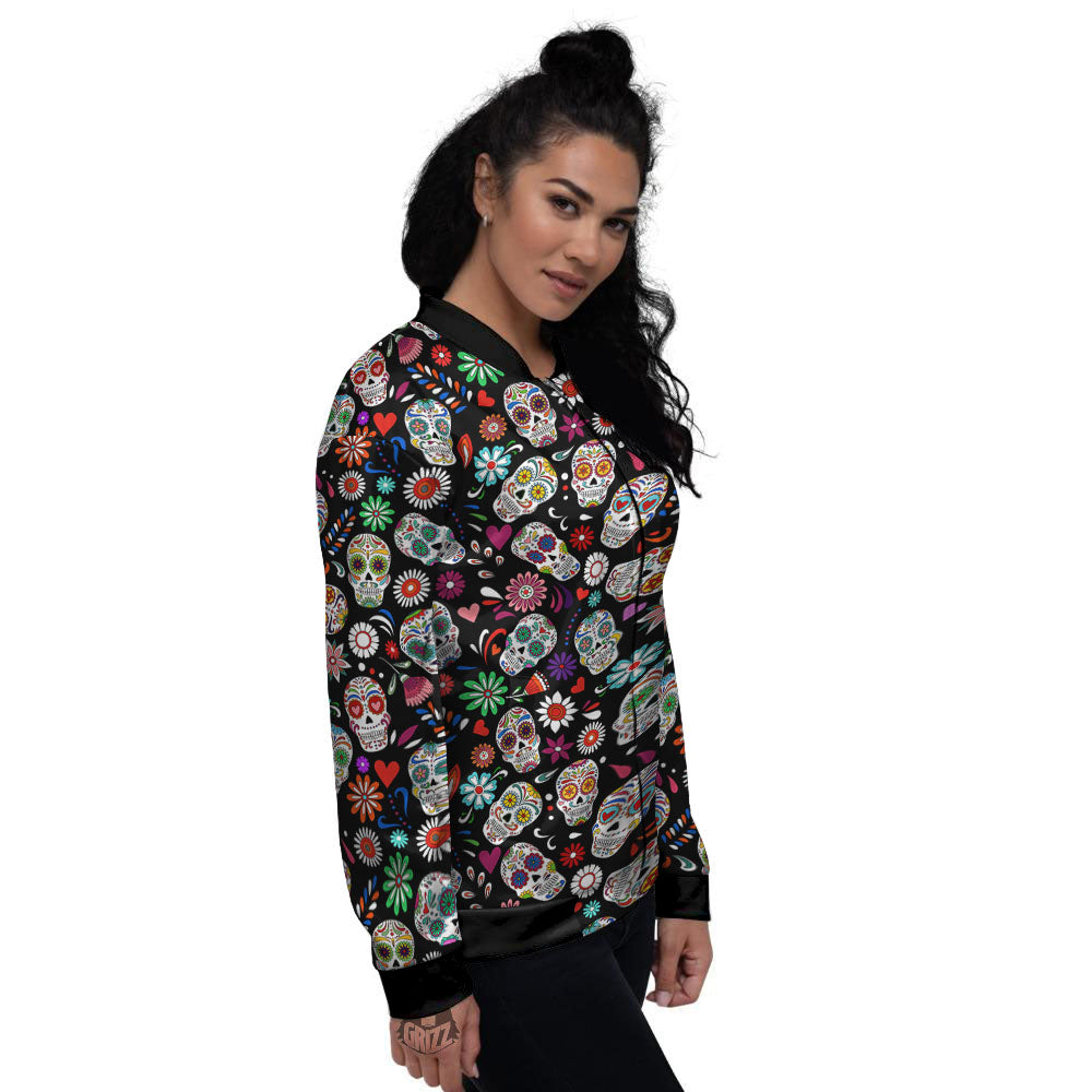 Skeleton Day Of The Dead Print Pattern Women's Bomber Jacket-grizzshop