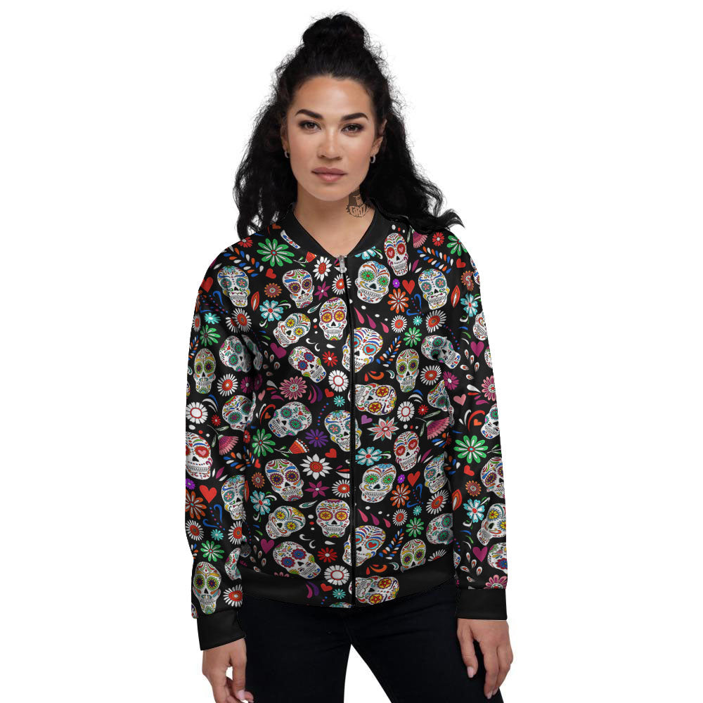 Skeleton Day Of The Dead Print Pattern Women's Bomber Jacket-grizzshop