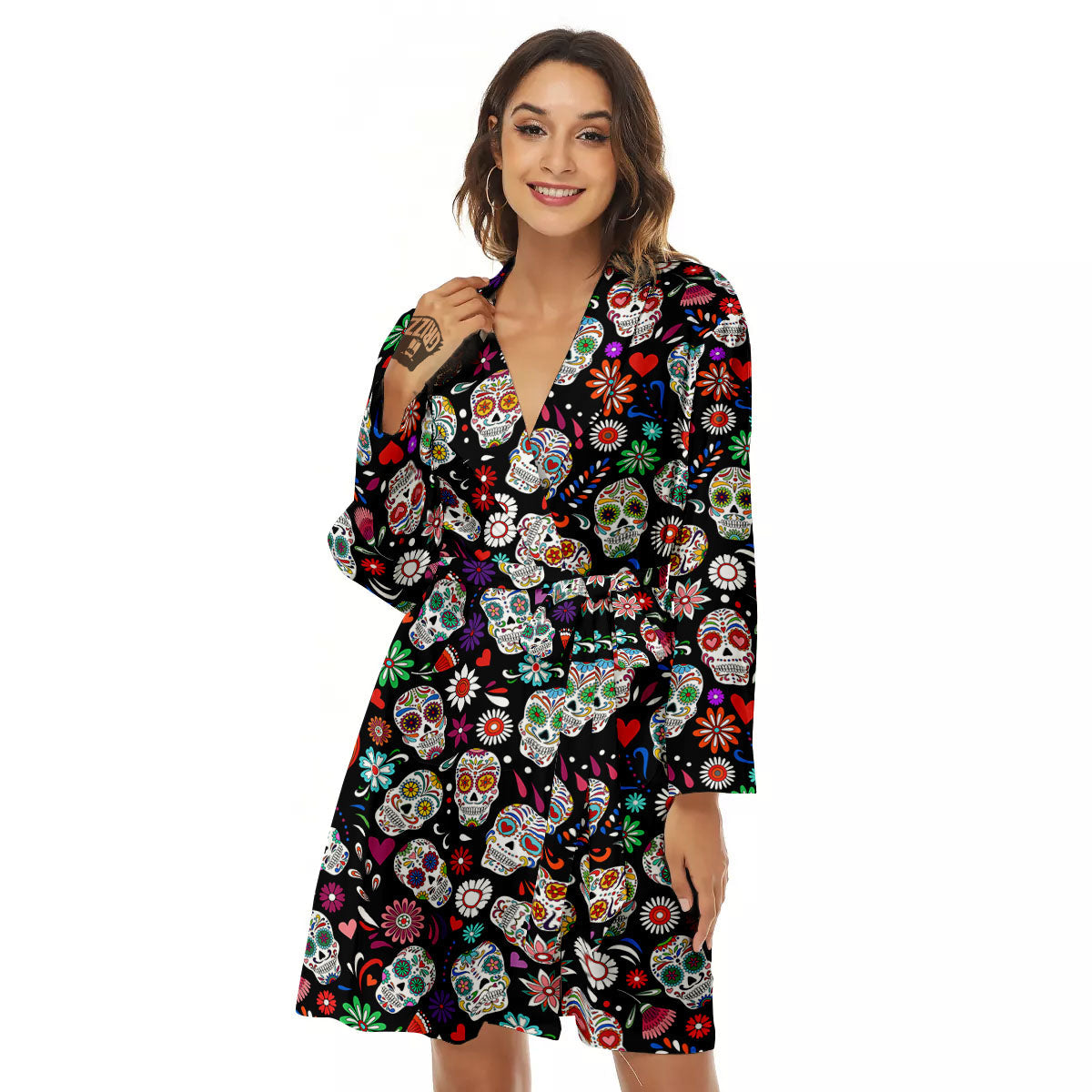 Skeleton Day Of The Dead Print Pattern Women's Robe-grizzshop