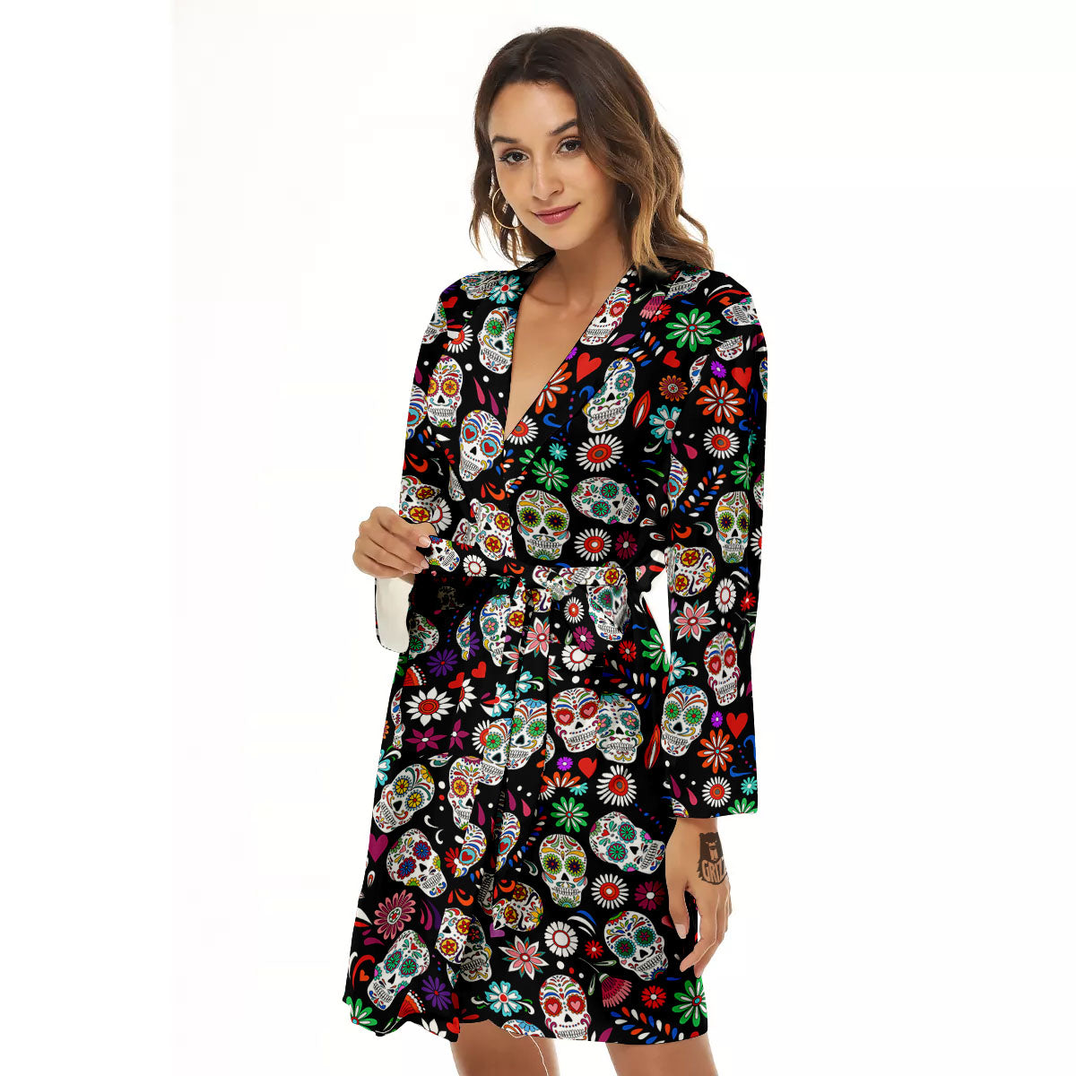 Skeleton Day Of The Dead Print Pattern Women's Robe-grizzshop