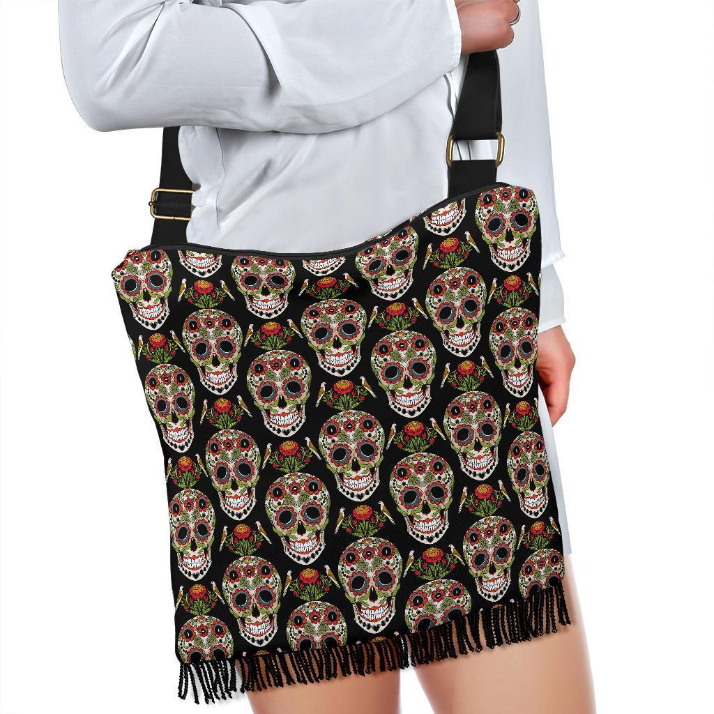 Skeleton Floral Rose Sugar Skull Girly Pattern Print Crossbody Bags-grizzshop