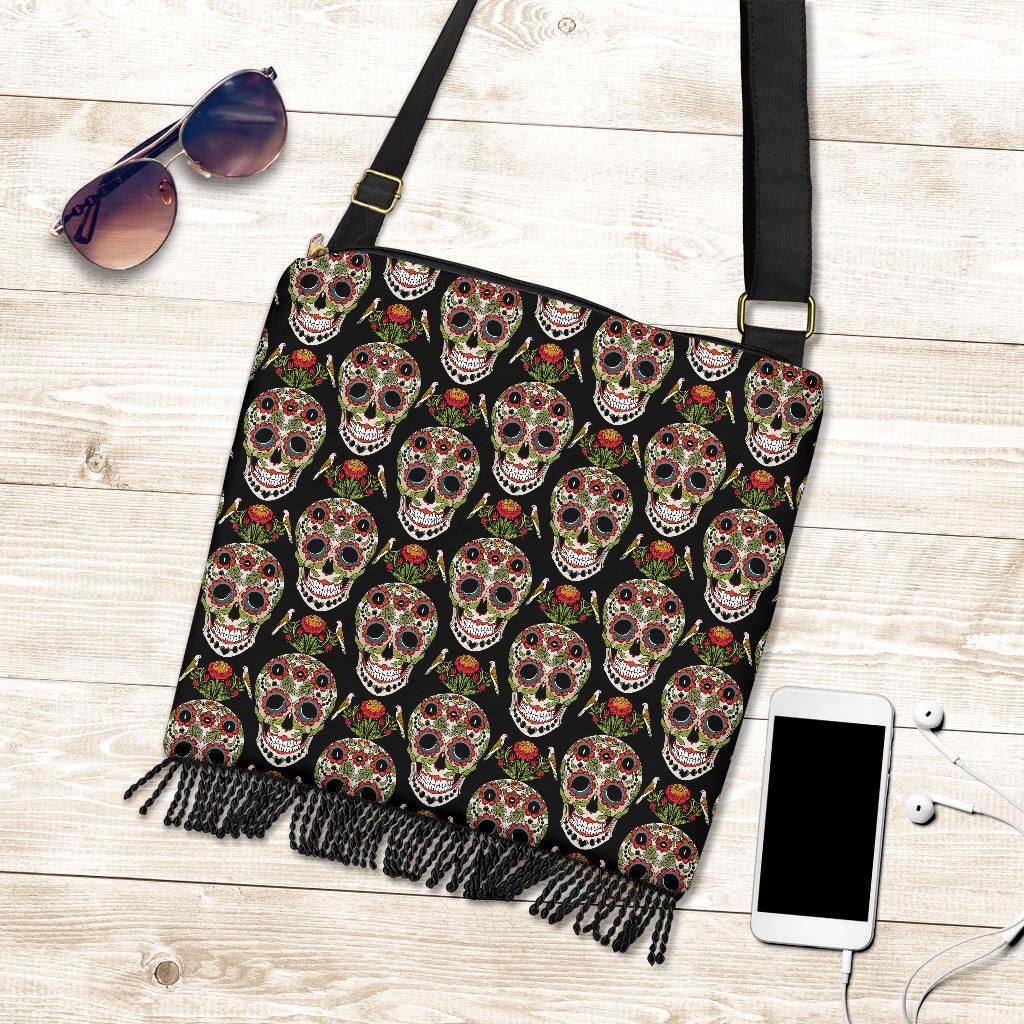 Skeleton Floral Rose Sugar Skull Girly Pattern Print Crossbody Bags-grizzshop