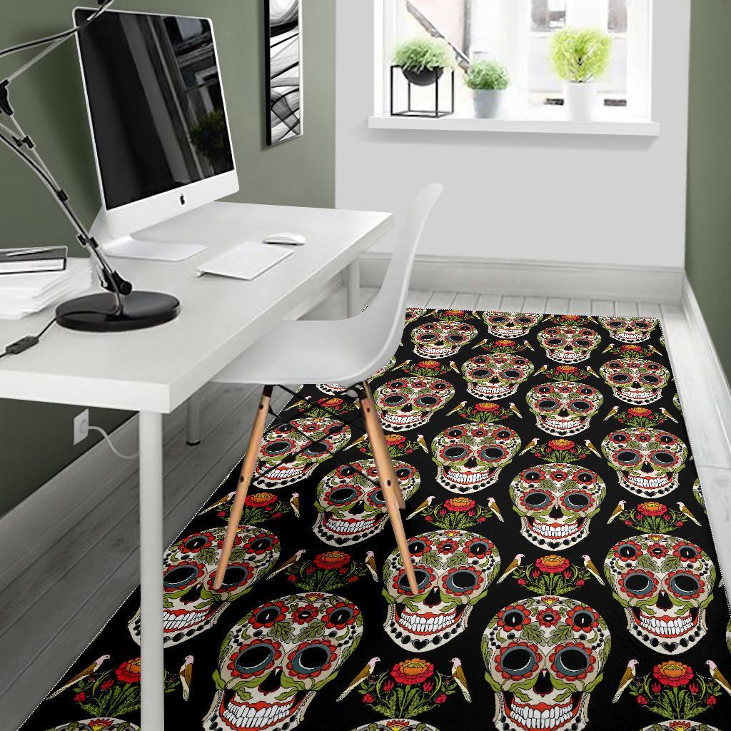 Skeleton Floral Rose Sugar Skull Girly Pattern Print Floor Mat-grizzshop