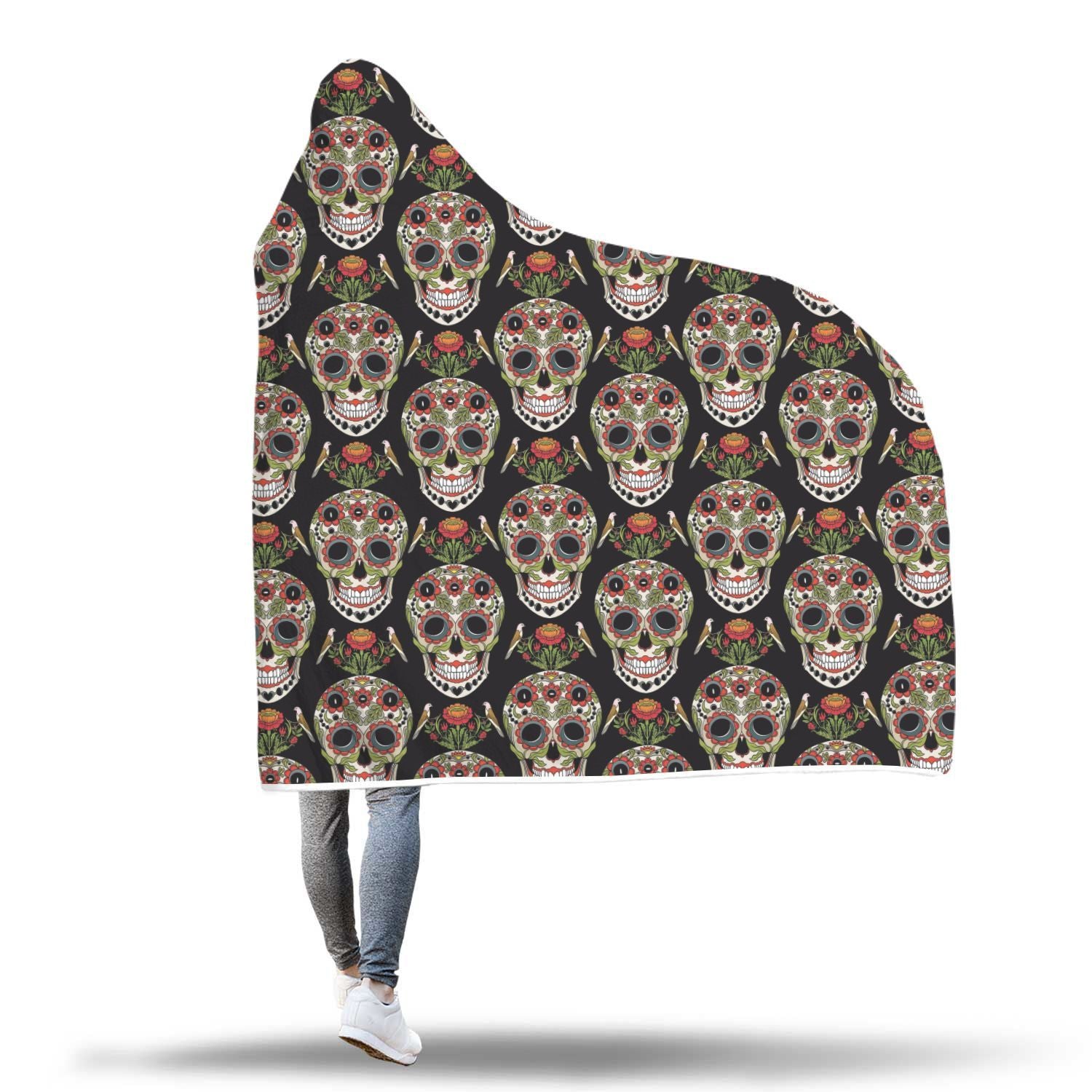 Skeleton Floral Rose Sugar Skull Girly Pattern Print Hooded Blanket-grizzshop