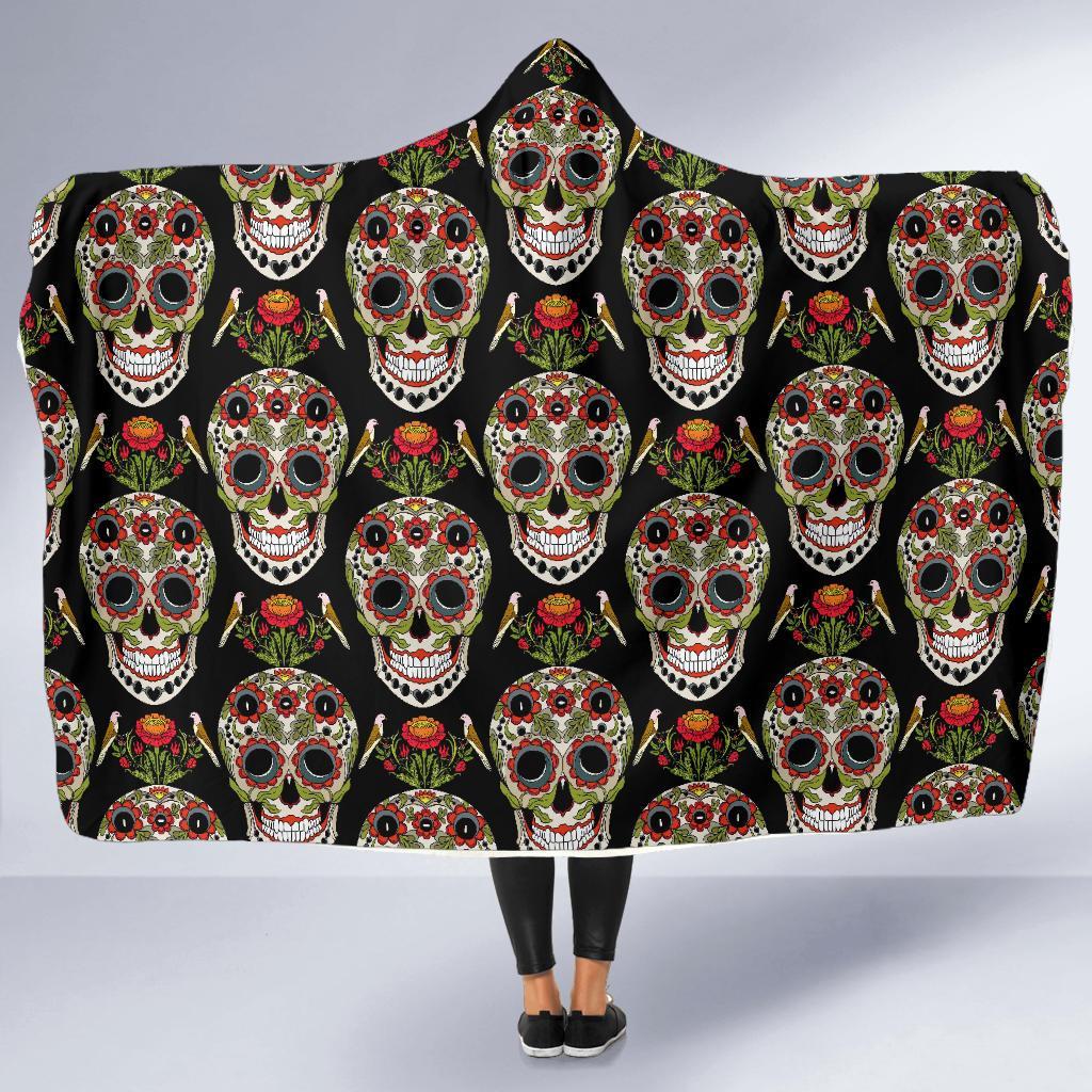 Skeleton Floral Rose Sugar Skull Girly Pattern Print Hooded Blanket-grizzshop