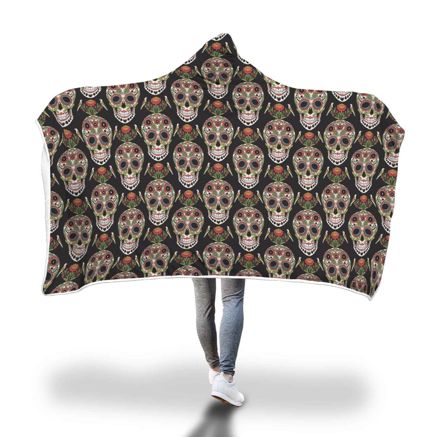 Skeleton Floral Rose Sugar Skull Girly Pattern Print Hooded Blanket-grizzshop