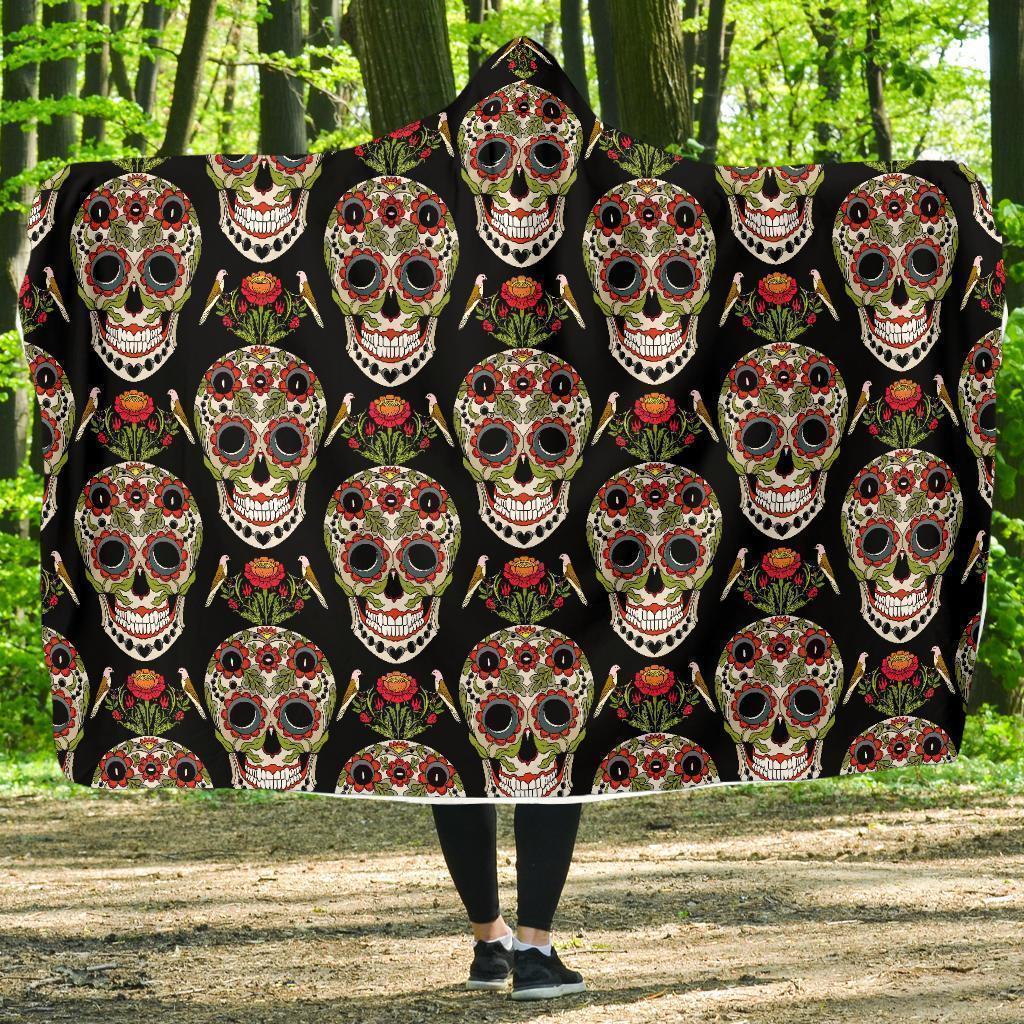 Skeleton Floral Rose Sugar Skull Girly Pattern Print Hooded Blanket-grizzshop