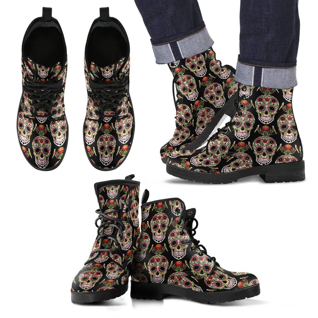 Skeleton Floral Rose Sugar Skull Girly Pattern Print Men Women Leather Boots-grizzshop