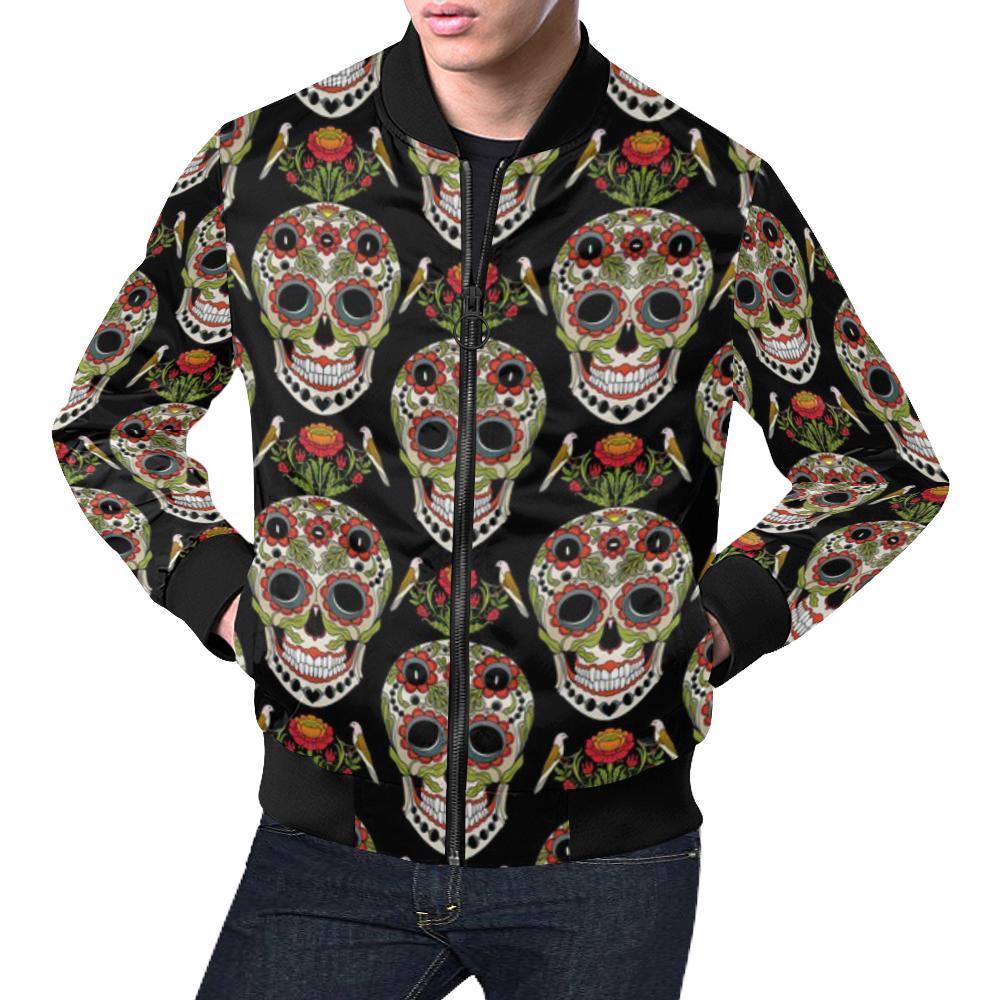 Skeleton Floral Rose Sugar Skull Girly Pattern Print Men's Bomber Jacket-grizzshop