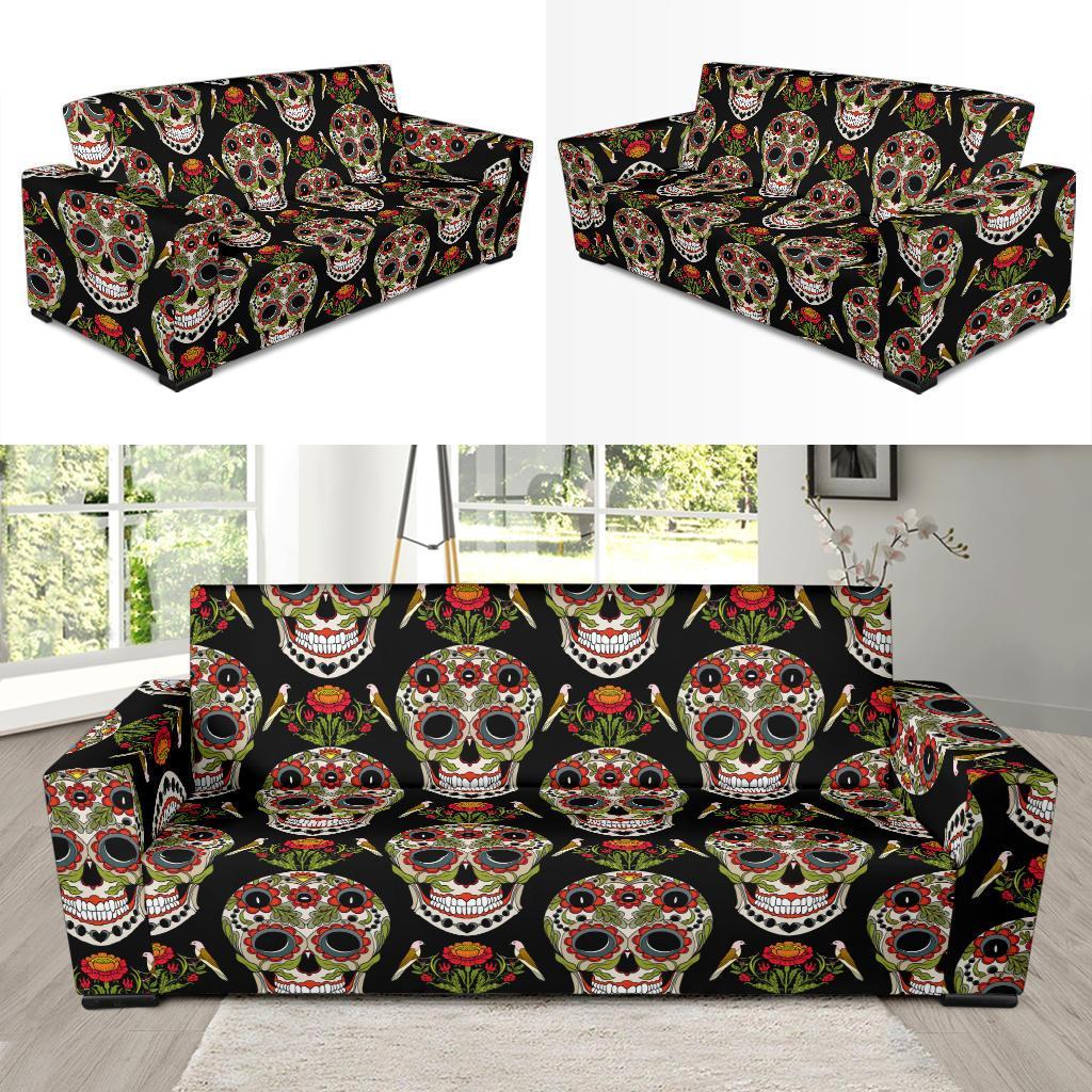 Skeleton Floral Rose Sugar Skull Girly Pattern Print Sofa Covers-grizzshop