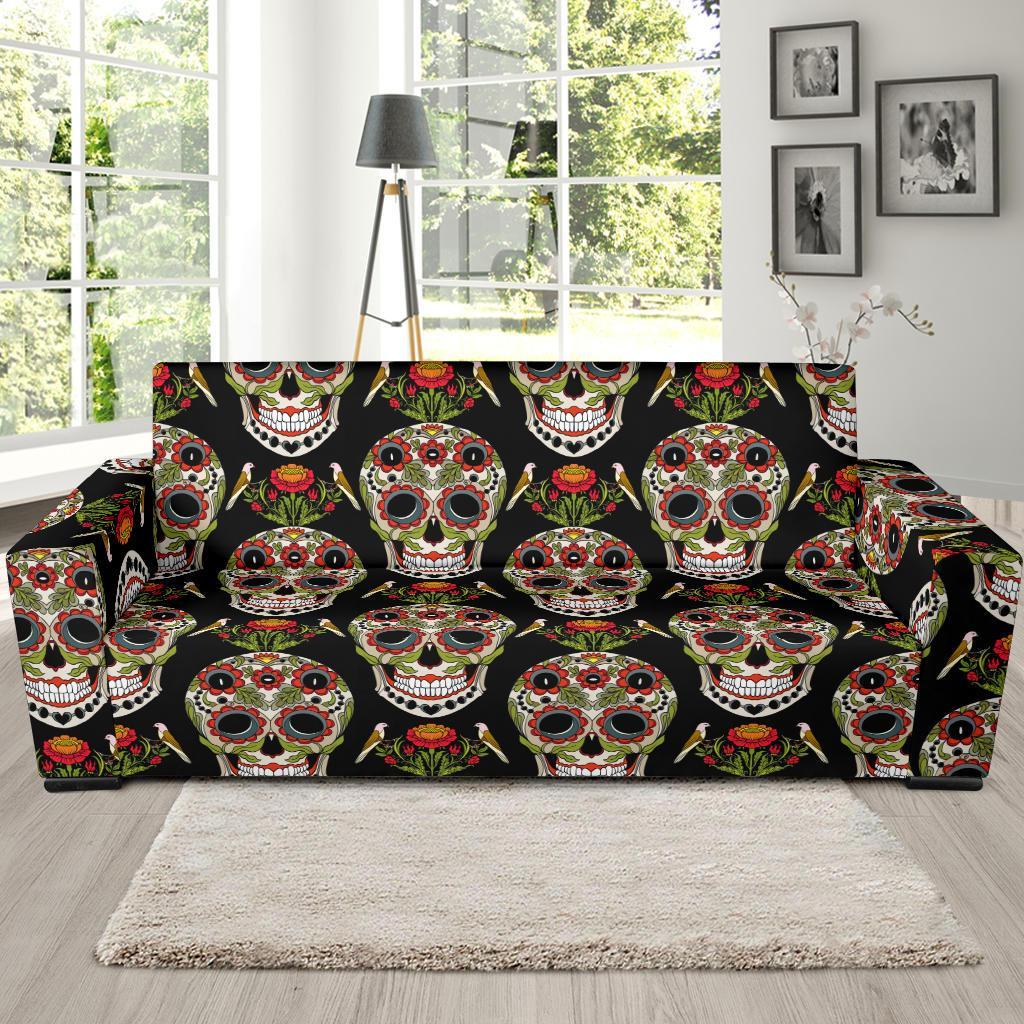 Skeleton Floral Rose Sugar Skull Girly Pattern Print Sofa Covers-grizzshop