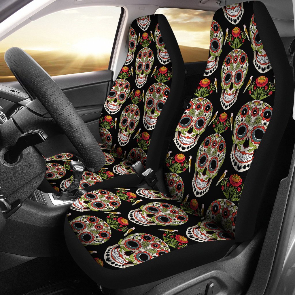 Skeleton Floral Rose Sugar Skull Girly Pattern Print Universal Fit Car Seat Cover-grizzshop