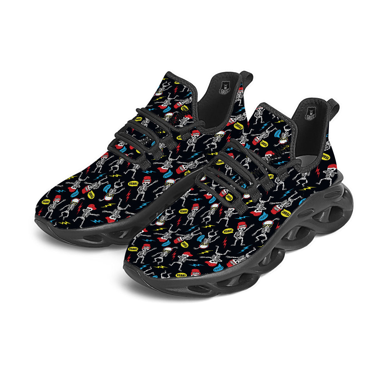 Skeleton Party Fun Print Pattern Black Running Shoes-grizzshop