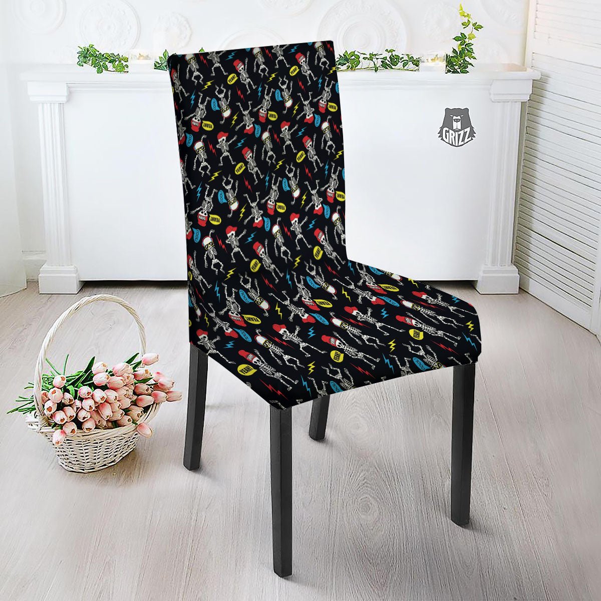 Skeleton Party Fun Print Pattern Dining Chair Slipcover-grizzshop