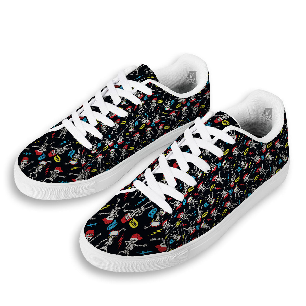 Skeleton Party Fun Print Pattern White Low Top Sneakers-grizzshop