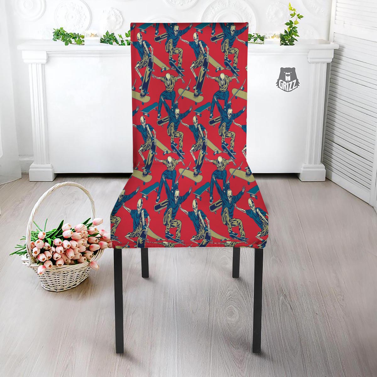 Skeleton Skateboarding Print Pattern Dining Chair Slipcover-grizzshop
